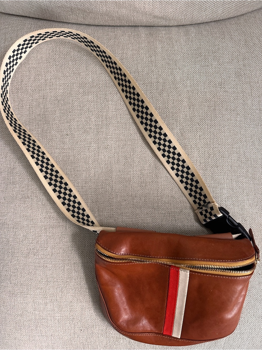 Clare V x Mother Leather Brown Crossbody Sling Bag with Red & Cream Stripe
